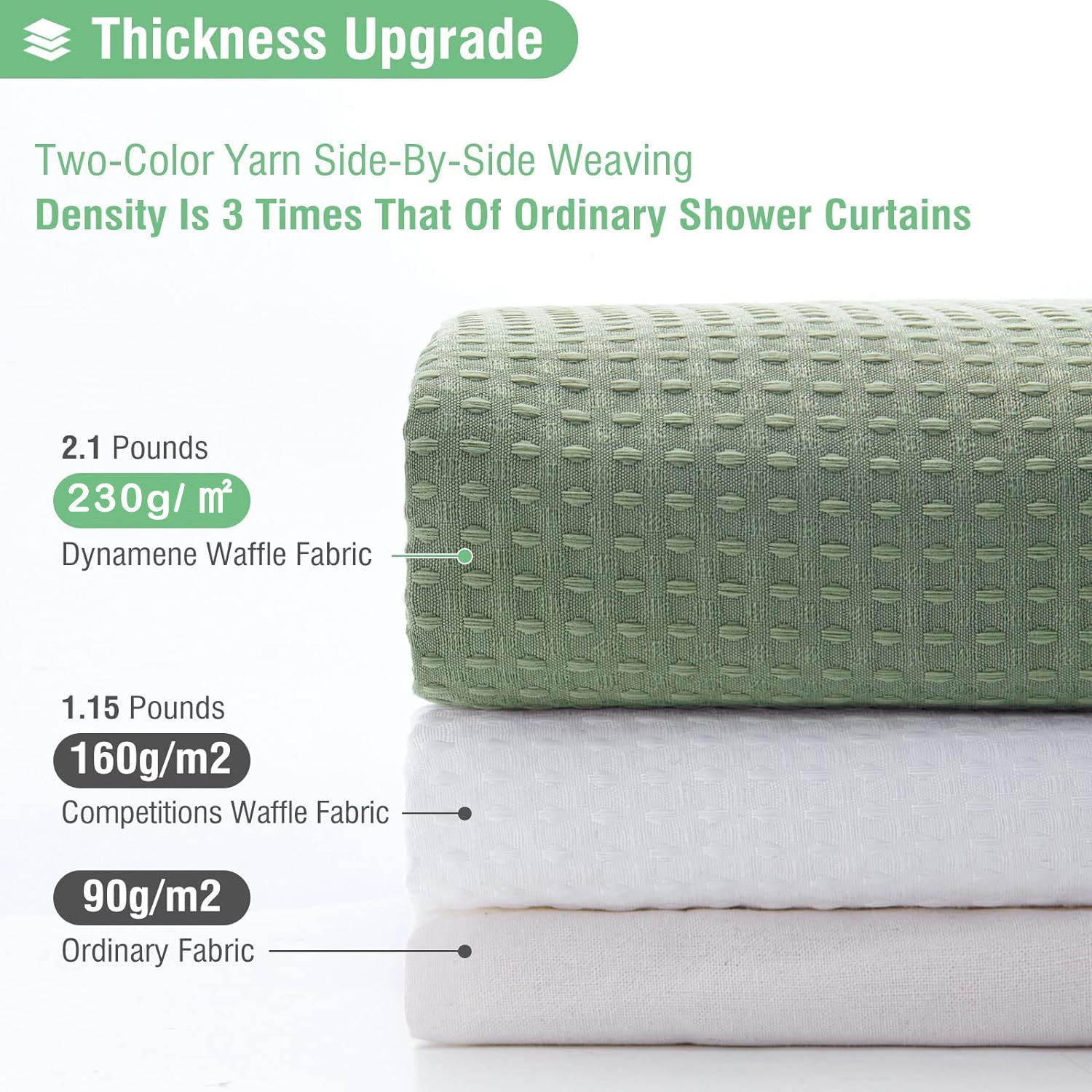 Wrinkle Resistant Green Heavyweight Cloth Waffle Fabric Shower Curtain for Modern Hotel Bathroom Decor