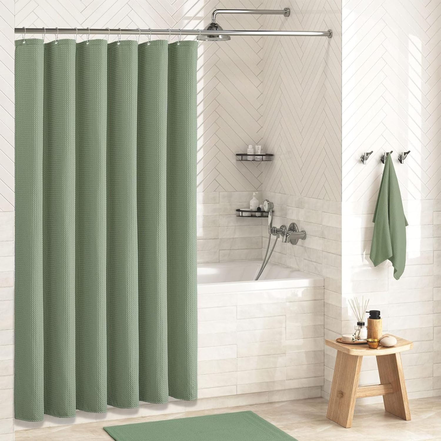 Wrinkle Resistant Green Heavyweight Cloth Waffle Fabric Shower Curtain for Modern Hotel Bathroom Decor