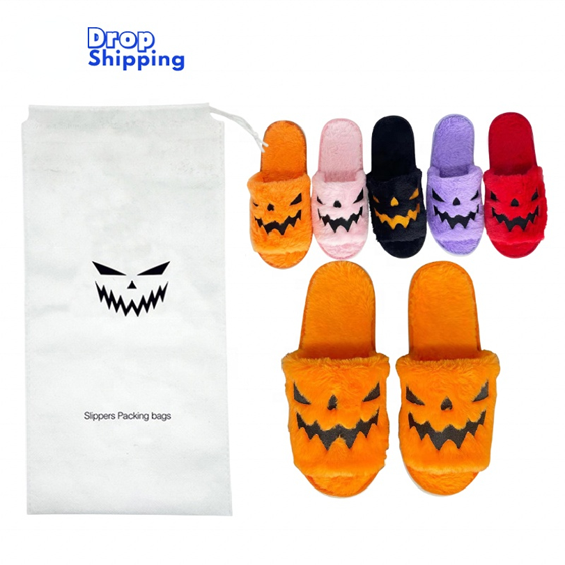 Women Sandals 2022 Fashion Fur Slippers Halloween  Pumpkin slipper For Women And Ladies