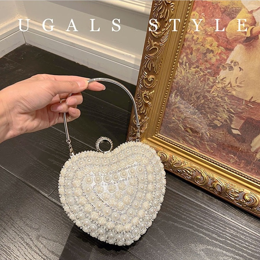 UGALS Love Pearl Box Banquet Shiny Water Diamond Heart Metal Vintage Silver Swarovski Crystal Evening Bag