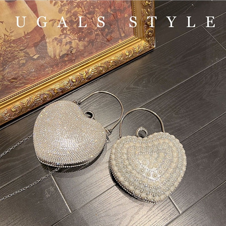 UGALS Love Pearl Box Banquet Shiny Water Diamond Heart Metal Vintage Silver Swarovski Crystal Evening Bag