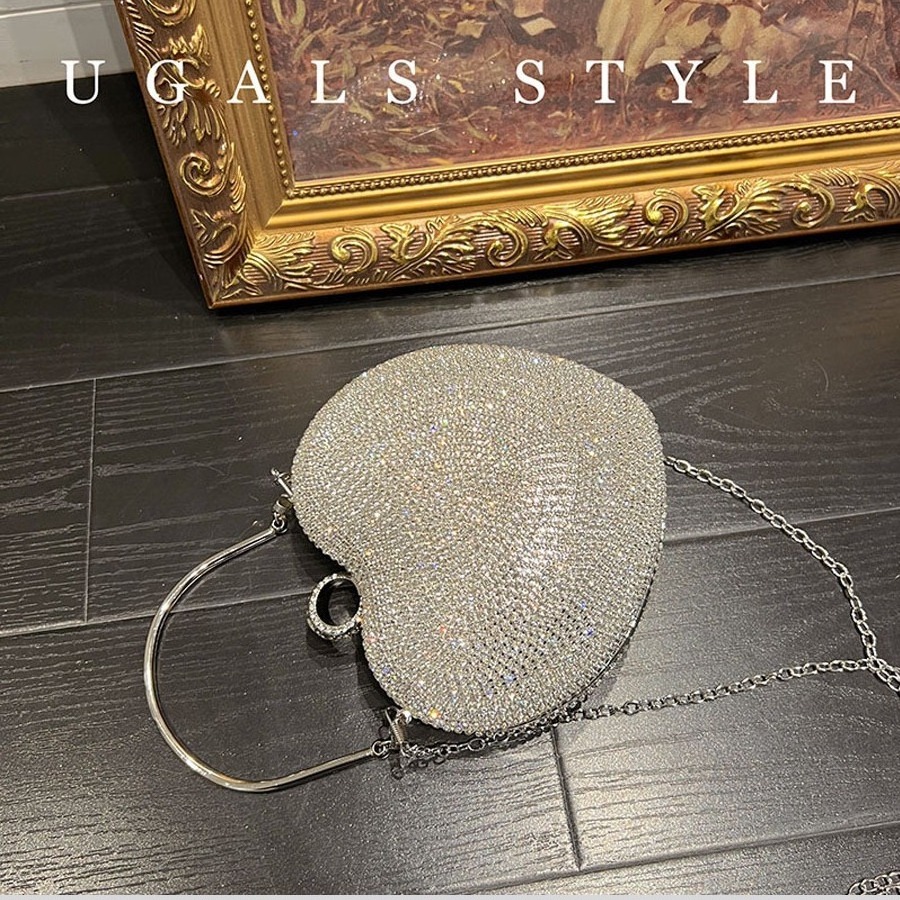 UGALS Love Pearl Box Banquet Shiny Water Diamond Heart Metal Vintage Silver Swarovski Crystal Evening Bag