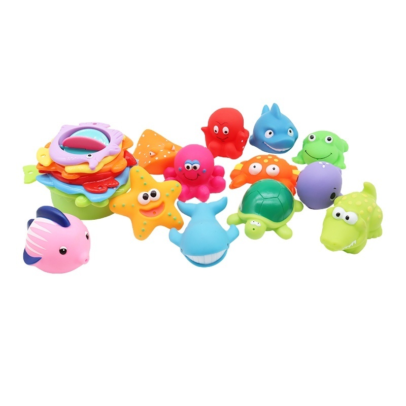 Rubber PVC Plastic Sea Animal Fish Octopus Baby Stacking Up Cups Bath Toys set Water Toy for Babies Kids