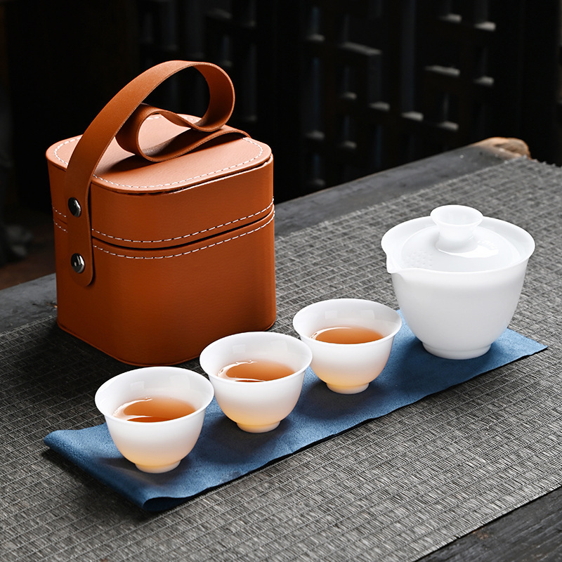 Icy Jade Ceramic Travel Tea Set Outdoor Portable Fast Brew Pot with Three Cups Customized Logo Gift