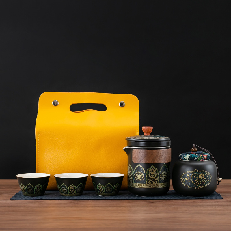 Travel Tea Set Ceramic Cup Portable One Pot Two Cups Outdoor Camping Kung Fu Tea Gift Set Logo