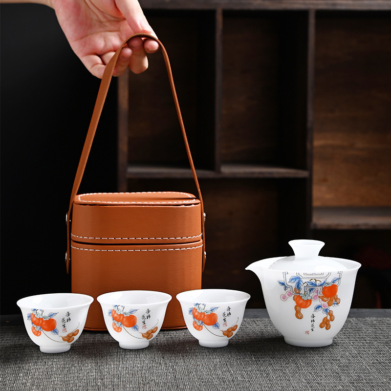 Icy Jade Ceramic Travel Tea Set Outdoor Portable Fast Brew Pot with Three Cups Customized Logo Gift