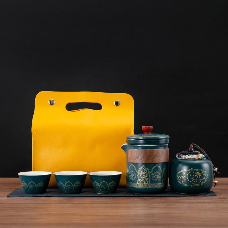 Travel Tea Set Ceramic Cup Portable One Pot Two Cups Outdoor Camping Kung Fu Tea Gift Set Logo