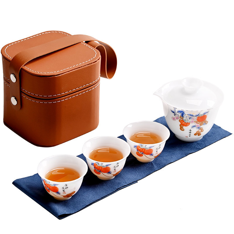 Icy Jade Ceramic Travel Tea Set Outdoor Portable Fast Brew Pot with Three Cups Customized Logo Gift