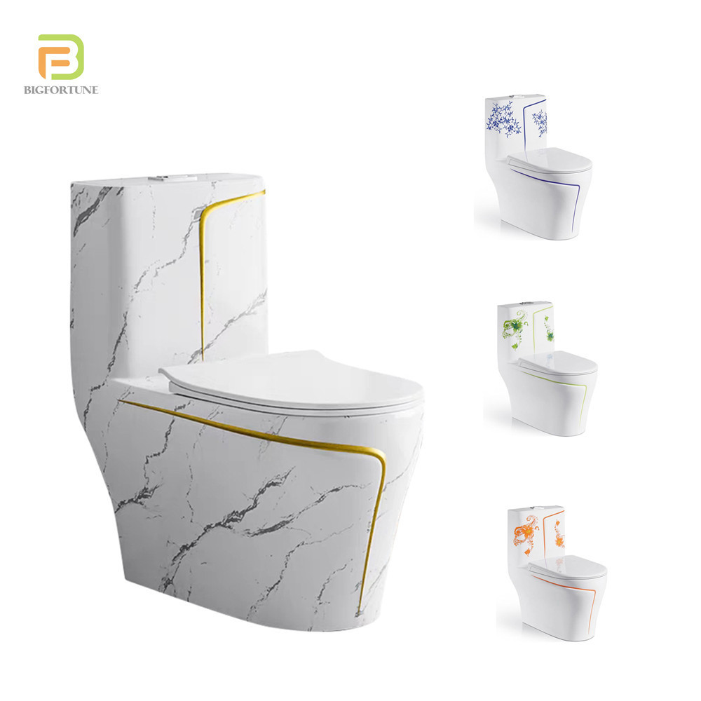 Marble Pattern Toilet Double Color Toilet and Gold One Piece Porcelain Factory Modern China Bathroom WC White 3/6L Ceramic Hotel