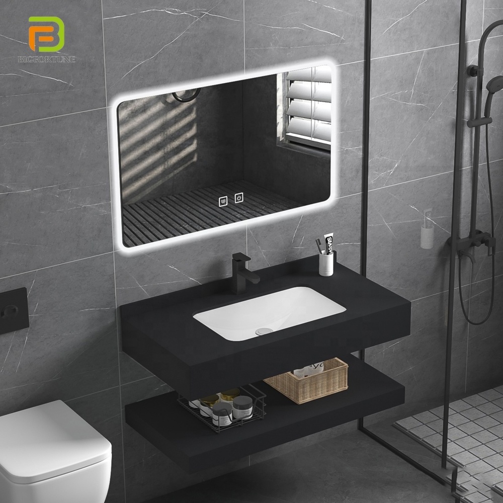 Luxury Wall-mounted Rectangle Artificial Stone Basin Bathroom Vanity Quartz Vanity Counter Top Marble Bathroom Sink