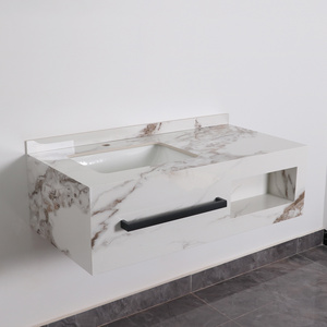 Luxury Customized Wall Hung Integrated Basin Cabinet Rectangle Artificial Stone Basin Bathroom Sink