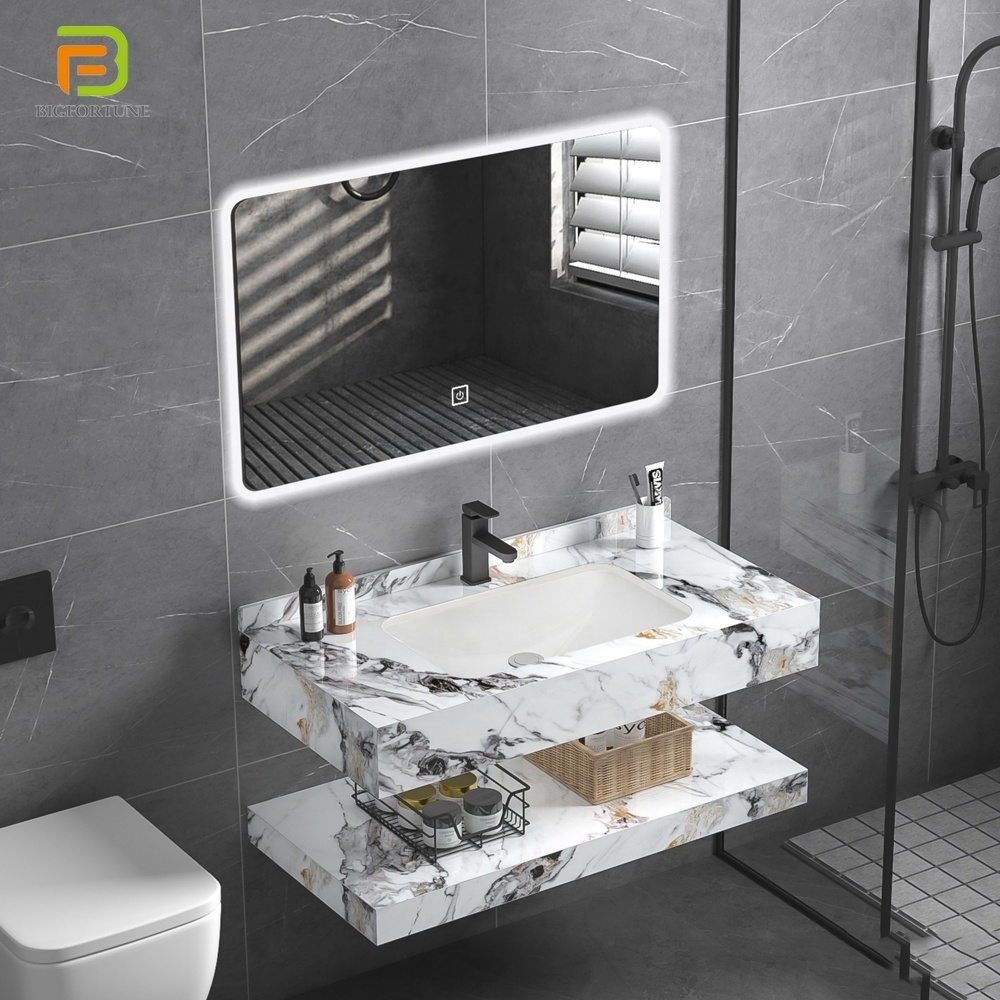 Luxury Wall-mounted Rectangle Artificial Stone Basin Bathroom Vanity Quartz Vanity Counter Top Marble Bathroom Sink