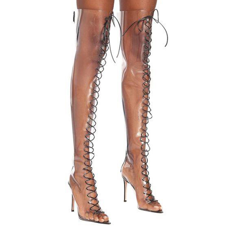 Fashion Elegant High Heel Thigh High Lace Up Boots Transparent Custom Design Durable Clear Boots Women's