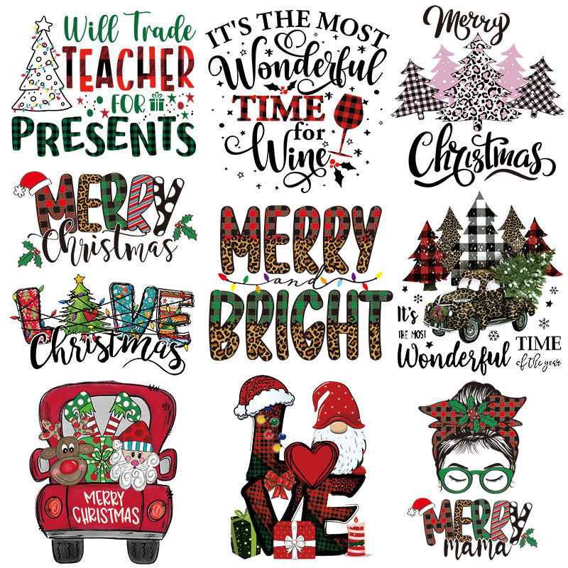 Wholesale christmas cartoon iron on patches bulk custom dtf heat transfers vinyl label paper print for clothes t-shirt hats