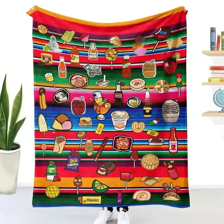 2024 Wholesale New Design Custom Printed Flannel Cafecito Y Chisme Throw Blanket Mexican Sweet Bread Soft Throw Blanket