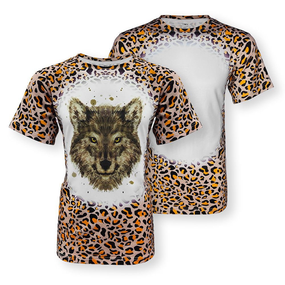 Leopard print faux bleached shirts sublimation US size polyester men t shirt for sublimation