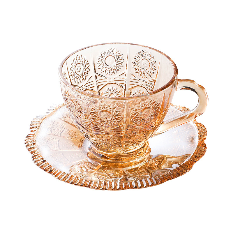 Wholesale Amber Single Colored Tea Small Glass Cups Set with Round Saucer arabic coffee cups tea set