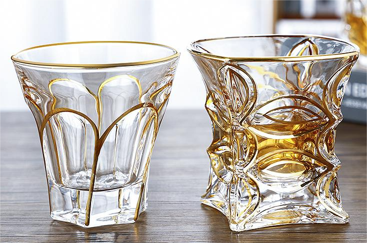 High Quality various style Luxury Custom Crystal Gold Rim Lead Free Handmade Whiskey Glass with gold sides