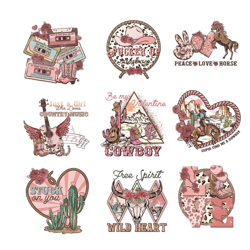 No MOQ Custom Western Howdy Valentine sublimation DTF Print Plastisol Heat Transfers IRon on Stickers Ready to Press Transfer