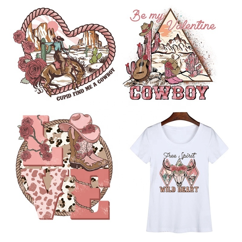 No MOQ Custom Western Howdy Valentine sublimation DTF Print Plastisol Heat Transfers IRon on Stickers Ready to Press Transfer