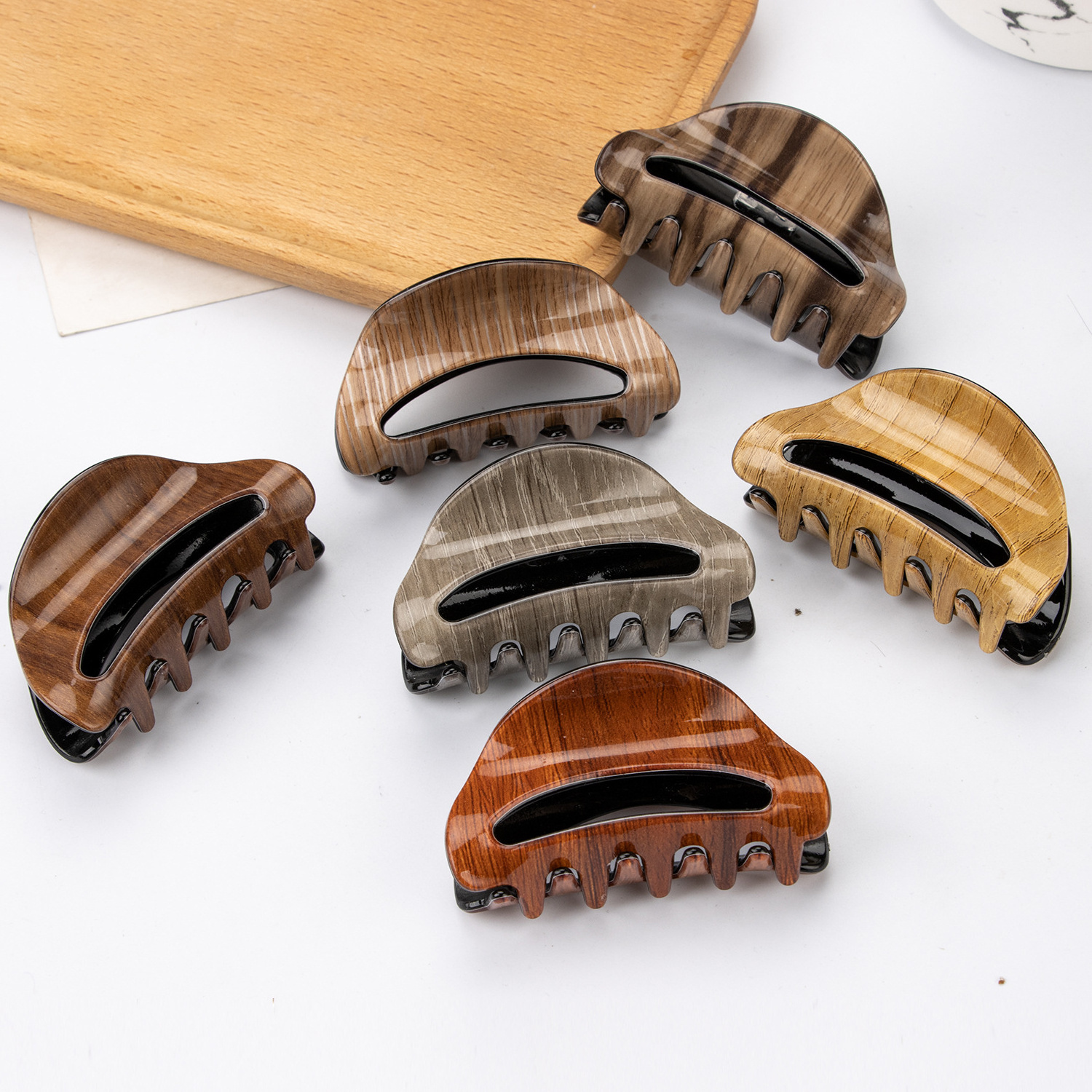 Yiwu Factory Wholesale Korean Dumpling Shape Imitation Wood Grain Hair Clamp Accessories Lady Wooden Plastic Hair Claw Clips