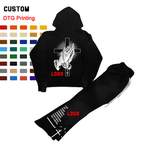 Custom Logo High Quality DTG Tracksuit 100% Cotton French Terry  Hoodie Flare Sweatpants and Hoodie Jogger Set for Men