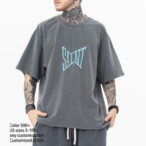 Oversize Hip Hop wash t-shirt men's print custom logo embroidered loose 300 gsm tshirts graphic vintage washed t shirts