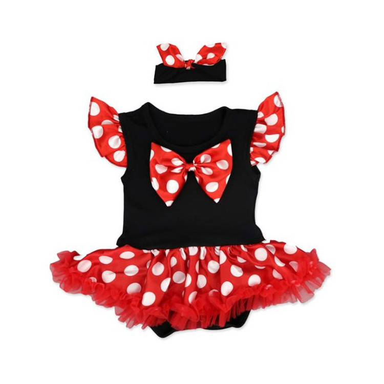 Hot Selling Fancy Red 0-12 Months Toddler Infant Dresses Set Polka Dot Minnie New Born Baby Girl Dress With Shoes And Headband