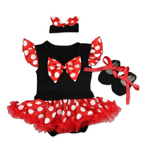 Hot Selling Fancy Red 0-12 Months Toddler Infant Dresses Set Polka Dot Minnie New Born Baby Girl Dress With Shoes And Headband