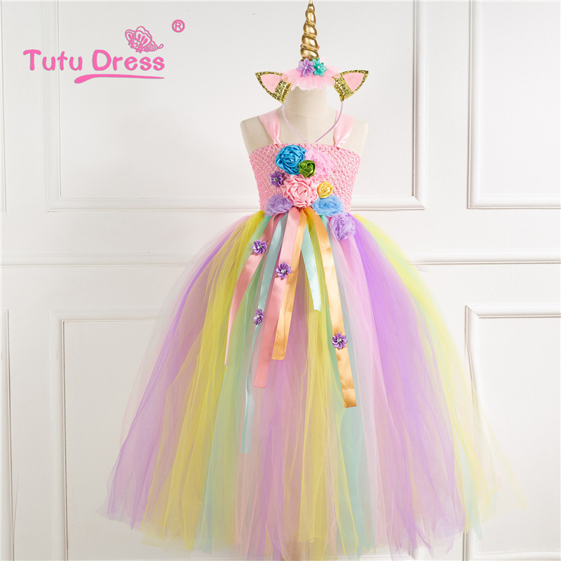 Wholesale 2-12Years Toddler Flower Girls Tutu Dress Rainbow Princess Girls Birthday Party dress