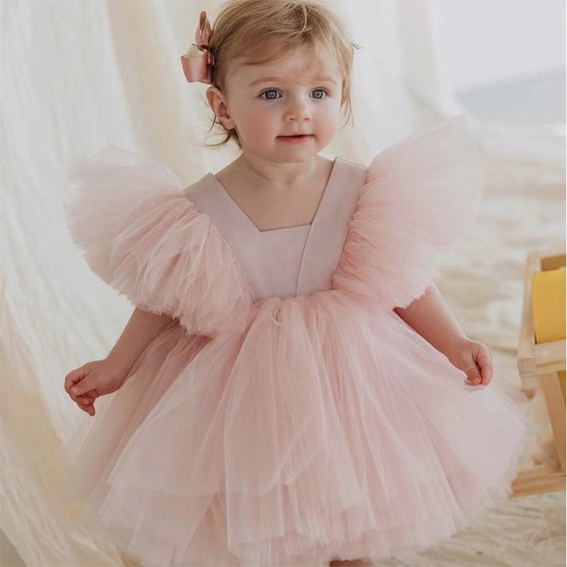 Baby Girls Elegant Party Gowns Flower Girls' Tulle Pleated Ball Gowns Princess Girls Puffy Dresses For Wedding And Birthday