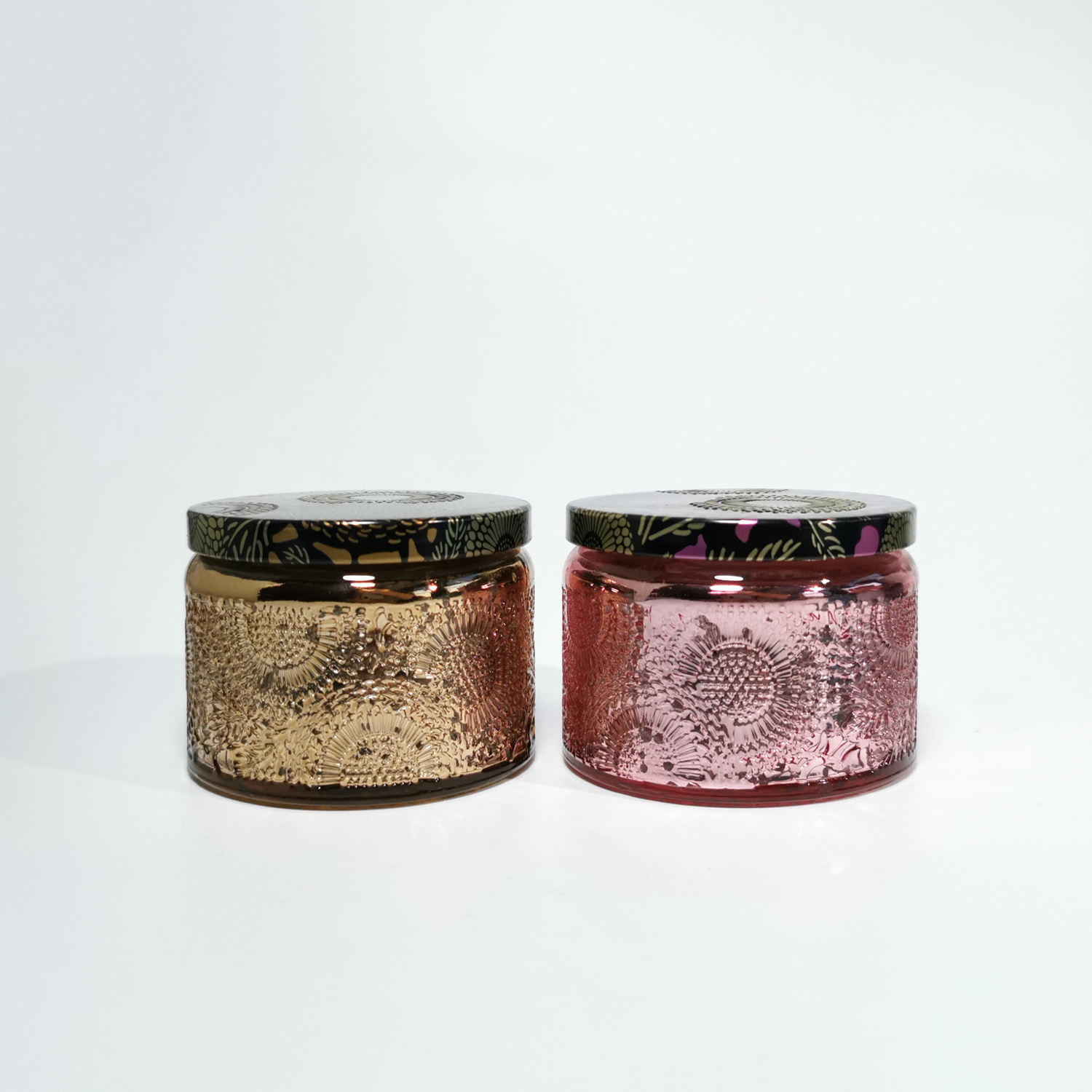 Luxury Electroplate Empty Unique Pink White Colored Glass Candle Jars 4oz 8oz Embossed Vessel with Lids for Aromatherapy Candles