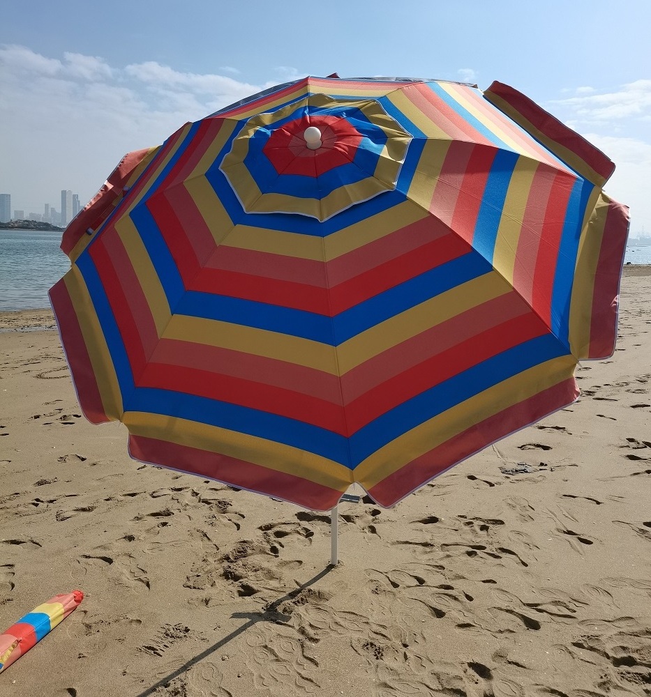 Tommy Bahama similar beach umbrellas with tilt and sand anchor base and UV coating fabric