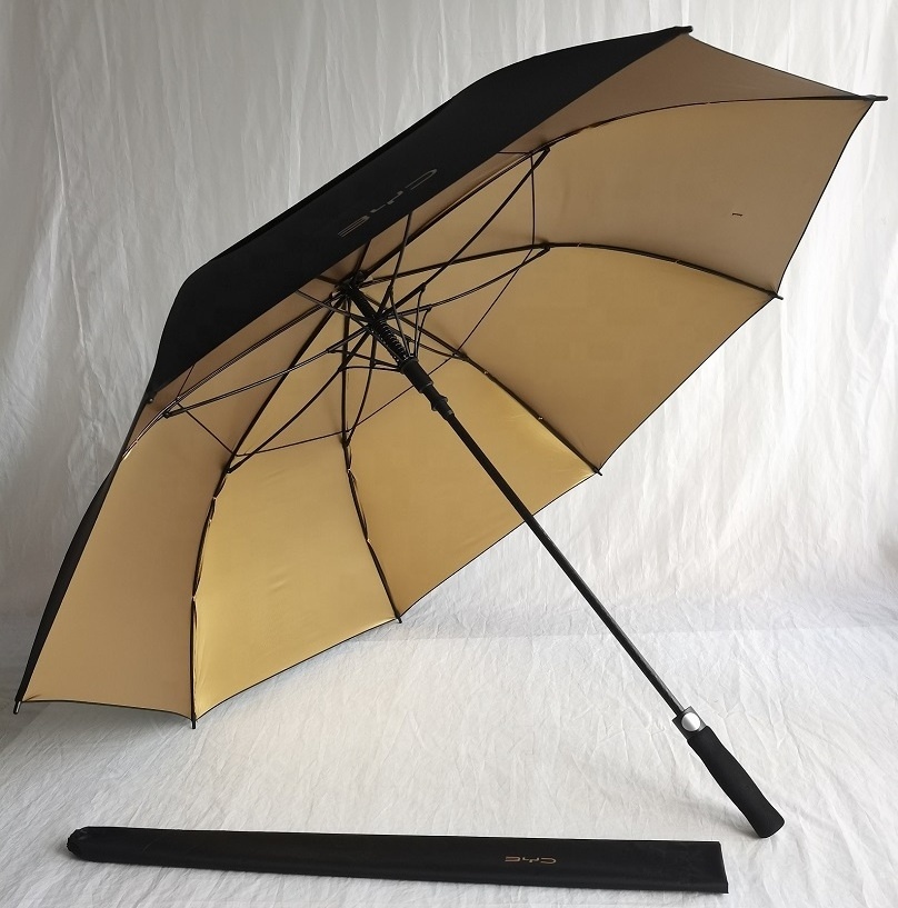 Golden UV coating fabric Semi-automatic Vented golf umbrella with customized car  logo