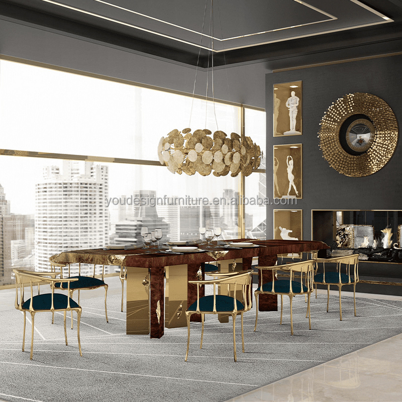 Walnut top royal design dining table sets luxury style design 14 seater with golden stainless steel legs dining table