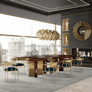 Walnut top royal design dining table sets luxury style design 14 seater with golden stainless steel legs dining table