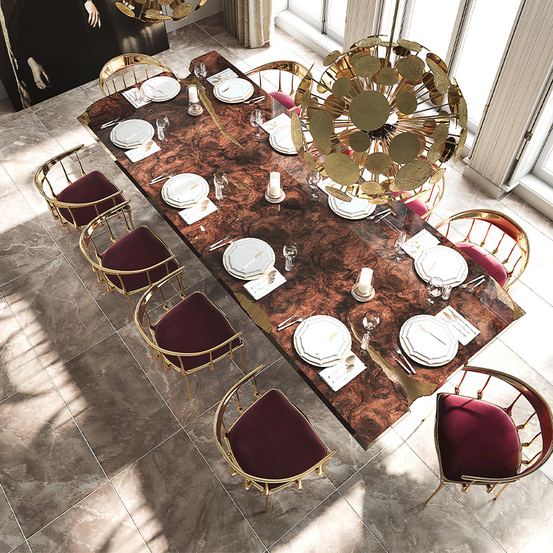 Walnut top royal design dining table sets luxury style design 14 seater with golden stainless steel legs dining table