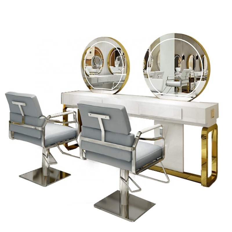 High quality haircuts hair salon Gold mirror double side salon station