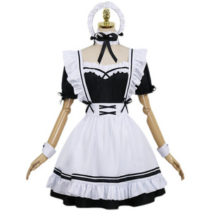 Coldker Cute Maid Cosplay Costume Lolita Dress Short Sleeves Color Blocked Waitress Pinafore Outfit Halloween Outfit For Girls