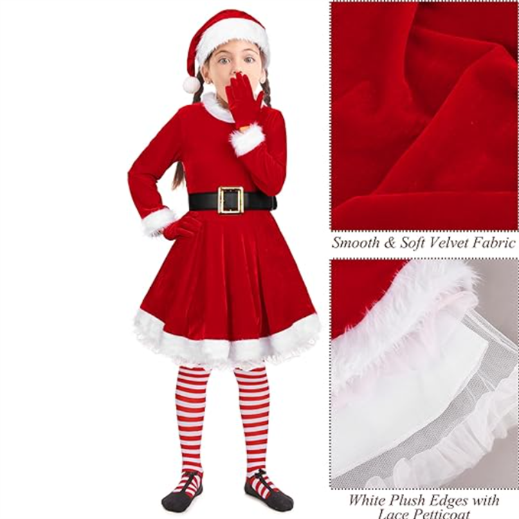 5 Pack Girls Christmas Santa Suit Dress Velvet Dress Costume with Belt Over Knee Socks Hat