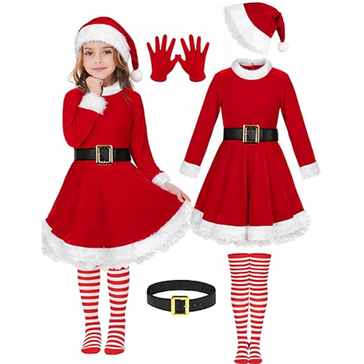 5 Pack Girls Christmas Santa Suit Dress Velvet Dress Costume with Belt Over Knee Socks Hat