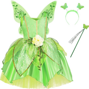 Girls Tinkerbell Costume Fancy Fairy Dresses Princess Dress Cosplay Birthday Party Outfit with Wings