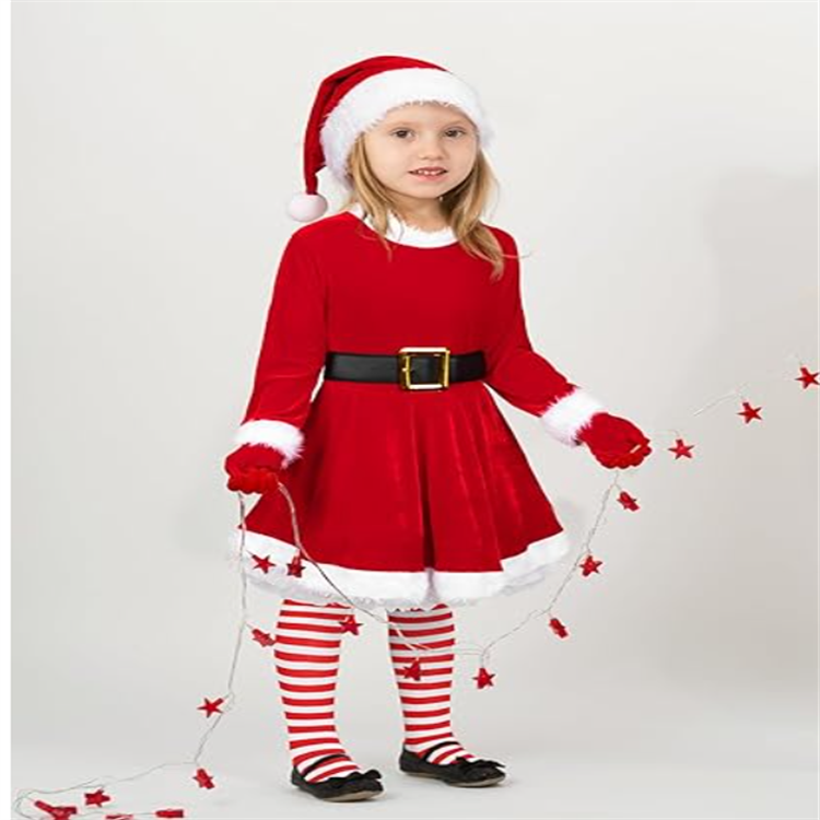 5 Pack Girls Christmas Santa Suit Dress Velvet Dress Costume with Belt Over Knee Socks Hat