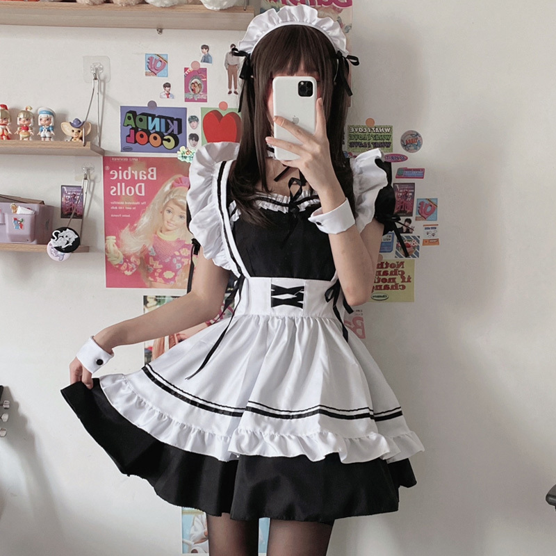 Coldker Cute Maid Cosplay Costume Lolita Dress Short Sleeves Color Blocked Waitress Pinafore Outfit Halloween Outfit For Girls