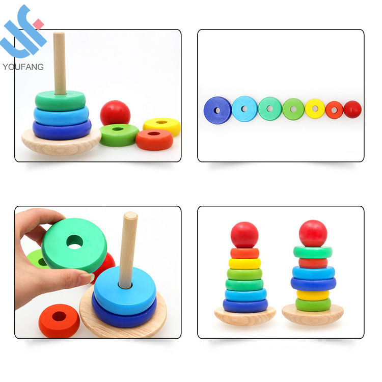 YF-X3087 educational toy stacker building blocks tower wooden roly-poly toys stacking ring rainbow tower kids wooden toy