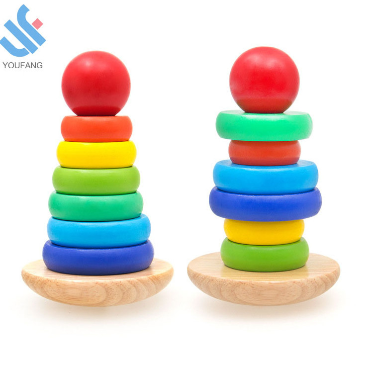 YF-X3087 educational toy stacker building blocks tower wooden roly-poly toys stacking ring rainbow tower kids wooden toy