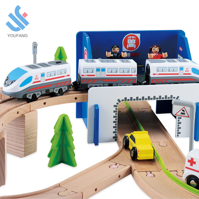 YF-Z2011 educational 149PCS urban rail overpass traffic scene combined wooden train tracks unpack toys wood railway rail car toy