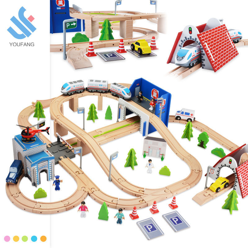 YF-Z2011 educational 149PCS urban rail overpass traffic scene combined wooden train tracks unpack toys wood railway rail car toy