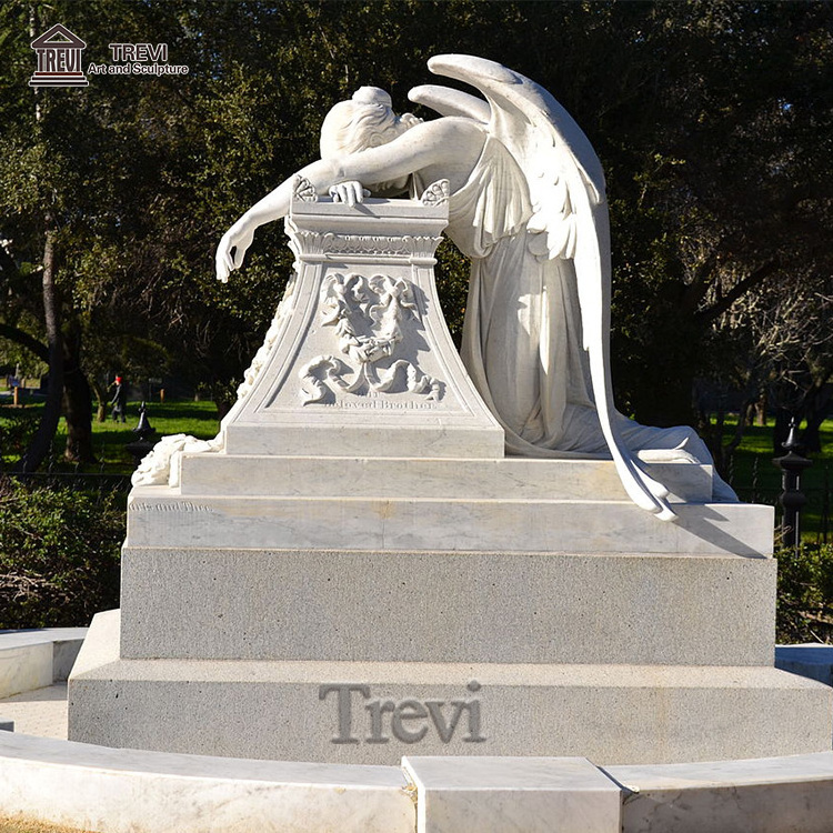 Life Size White Marble Monuments Grave Stone with Weeping Angel  Statue for Memorial