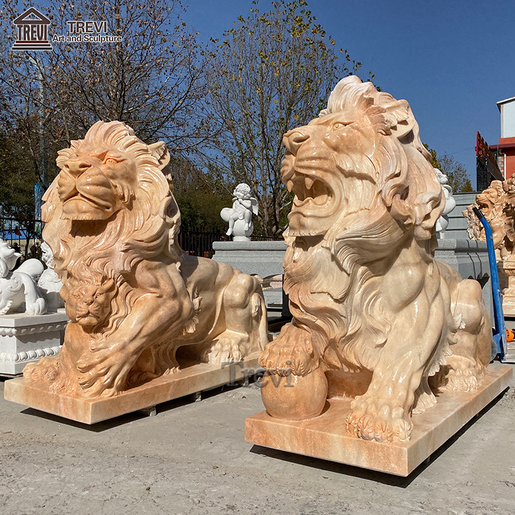 Outdoor Garden Decoration Sunset Red Marble Stone Lion Statue Sculpture